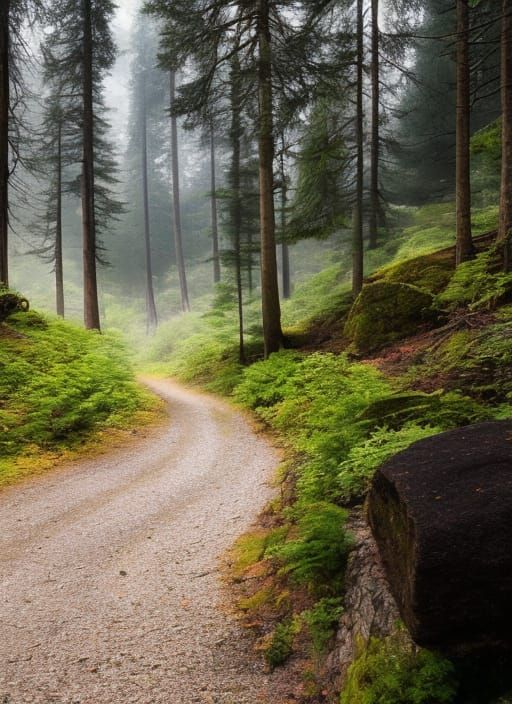 Misty Path Through Cartoon Forest, Digital Matte Painting