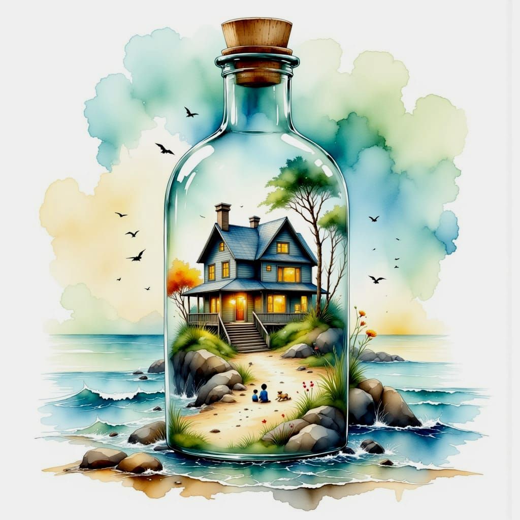 Beach House in a Bottle: Miniature Watercolor Island