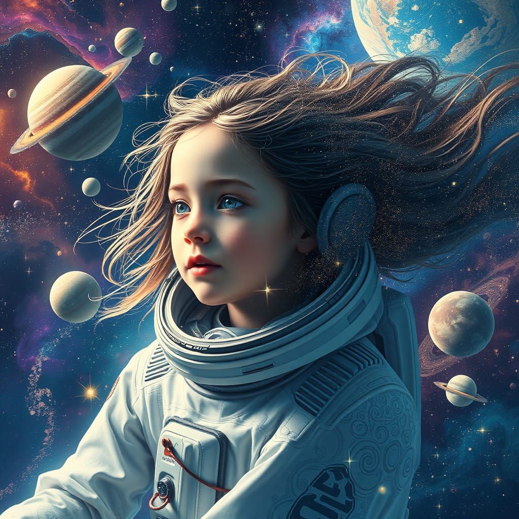 Young Girl Blends with Cosmic Space in Detailed Painting