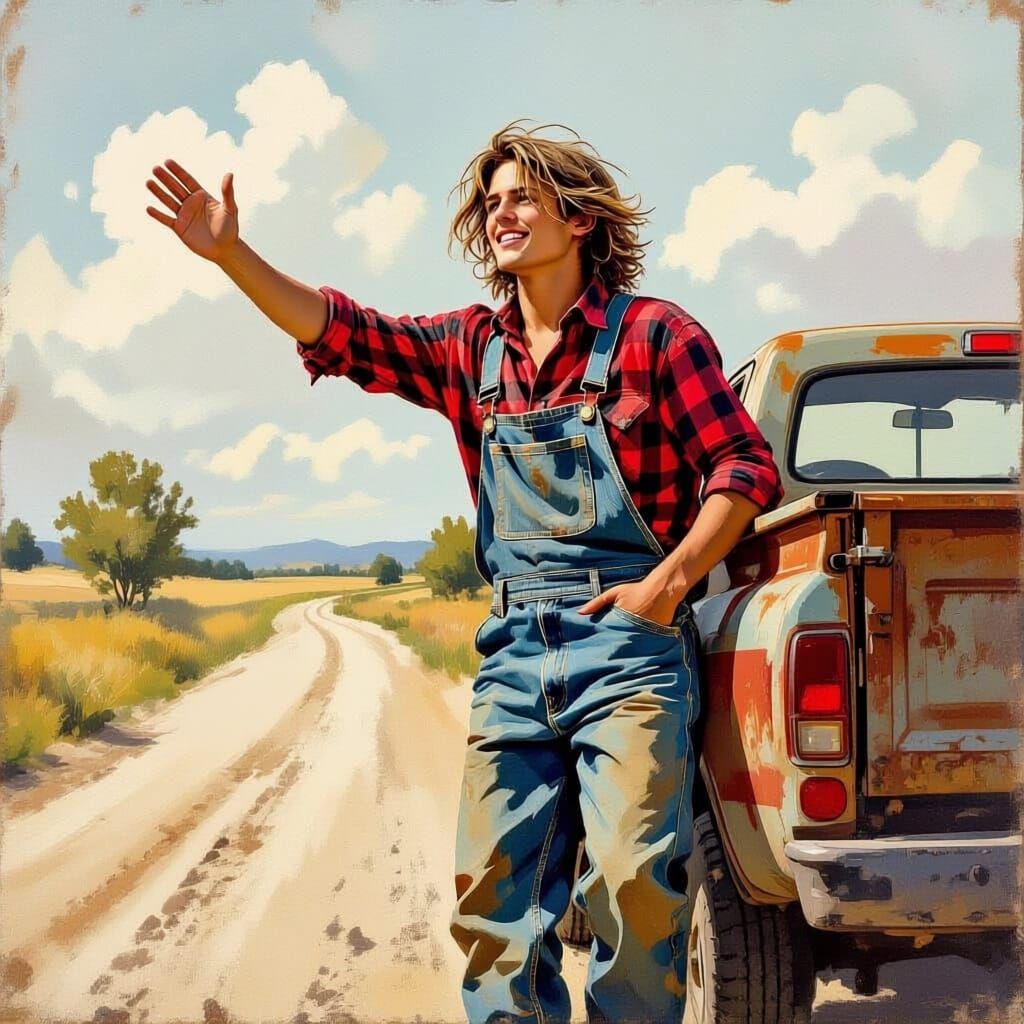 Teenage Farmer Waves Goodbye from Rusty Ute