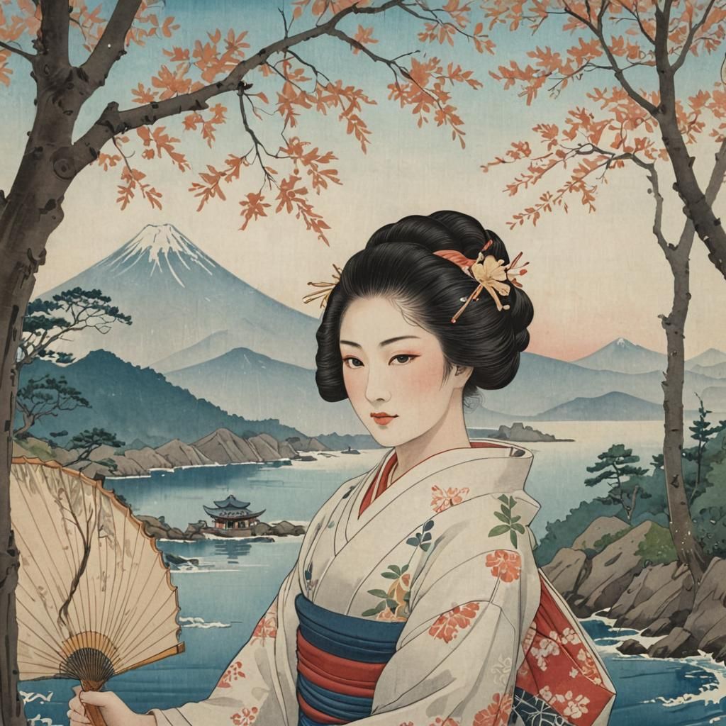 Geisha Under Ginkgo Trees: Ukiyo-e Style Portrait