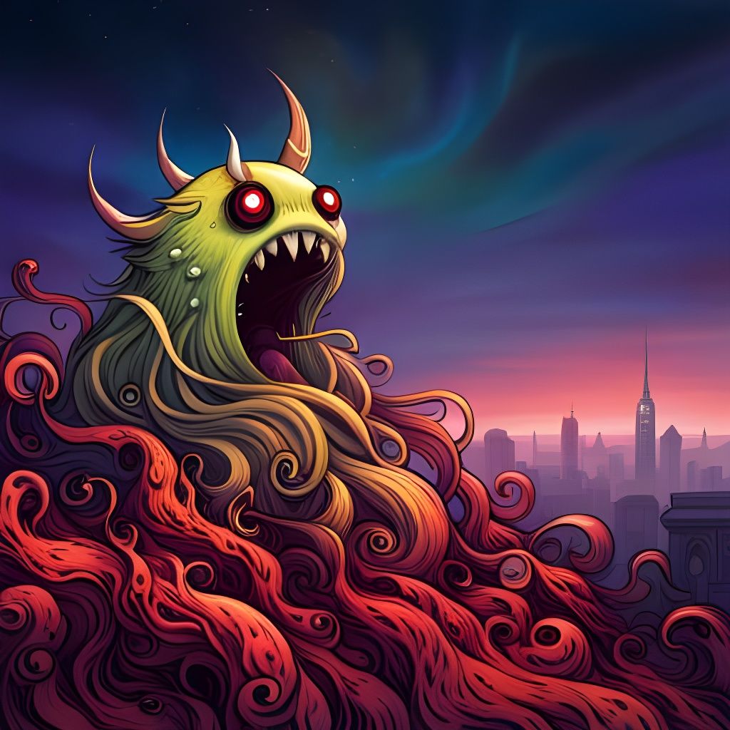 Bizarre Monster in Psychedelic City, Detailed Surreal Art