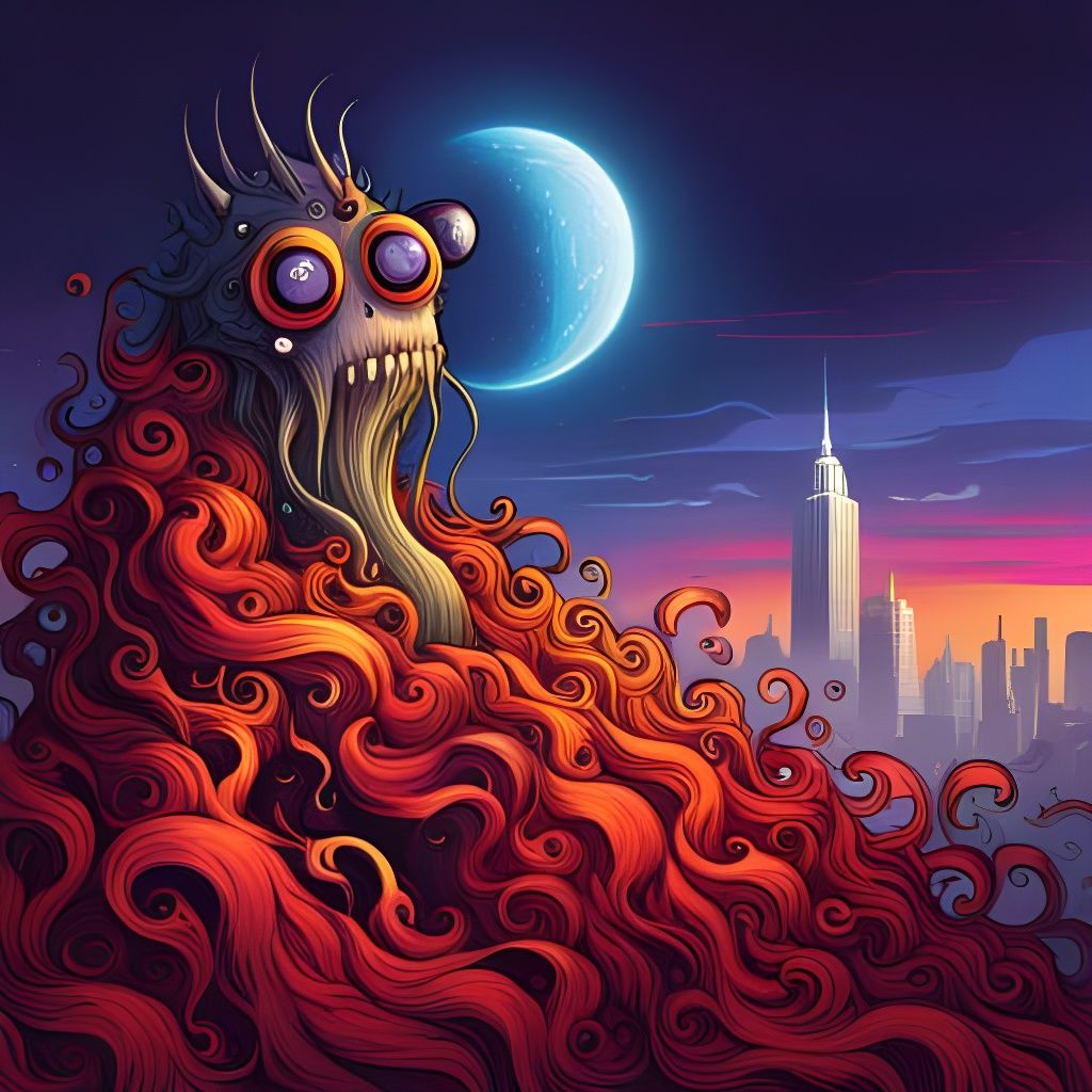 Psychedelic Monster in Surreal Cityscape