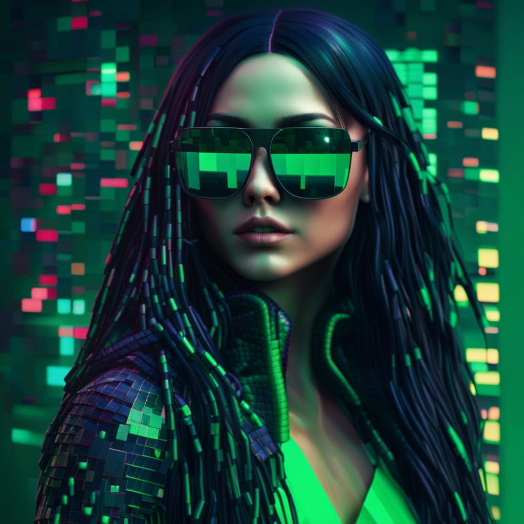 Mosaic Girl in Glitched Matrix-Inspired World