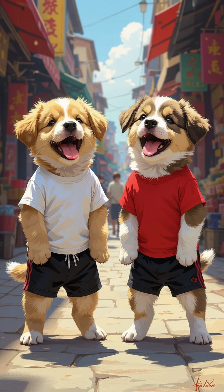 Playful Puppies in Street Market, Realistic Style