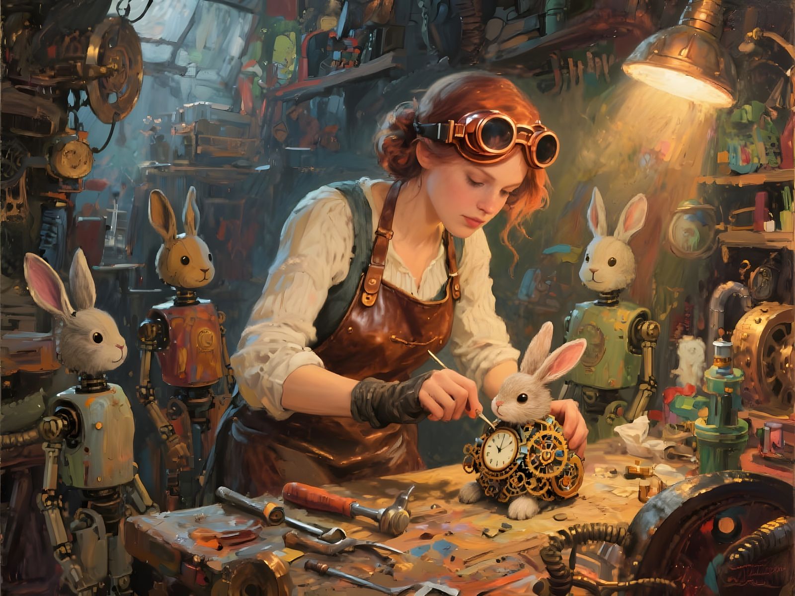 Steampunk Tinkerer Crafts Clockwork Bunny with Curious Compa...