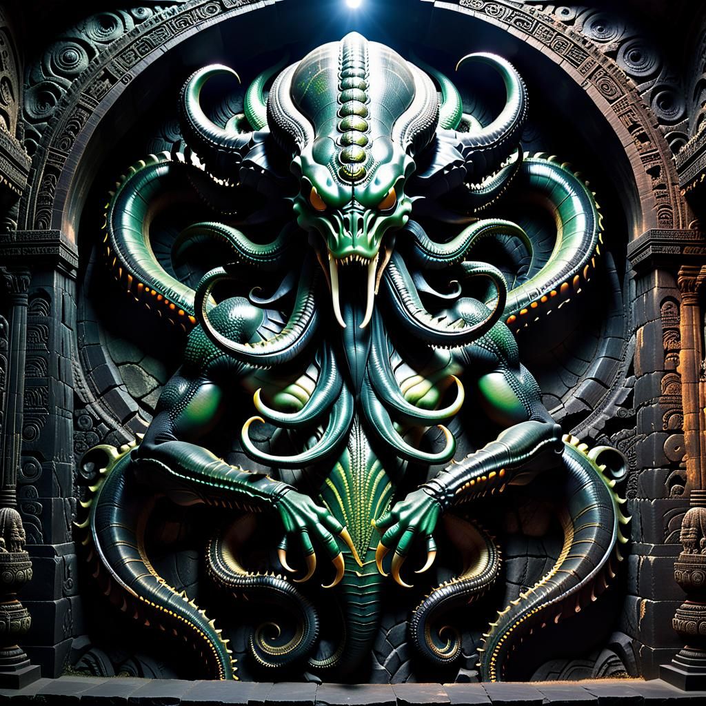 Colossal Xenomorph Cthulhu Temple Painting