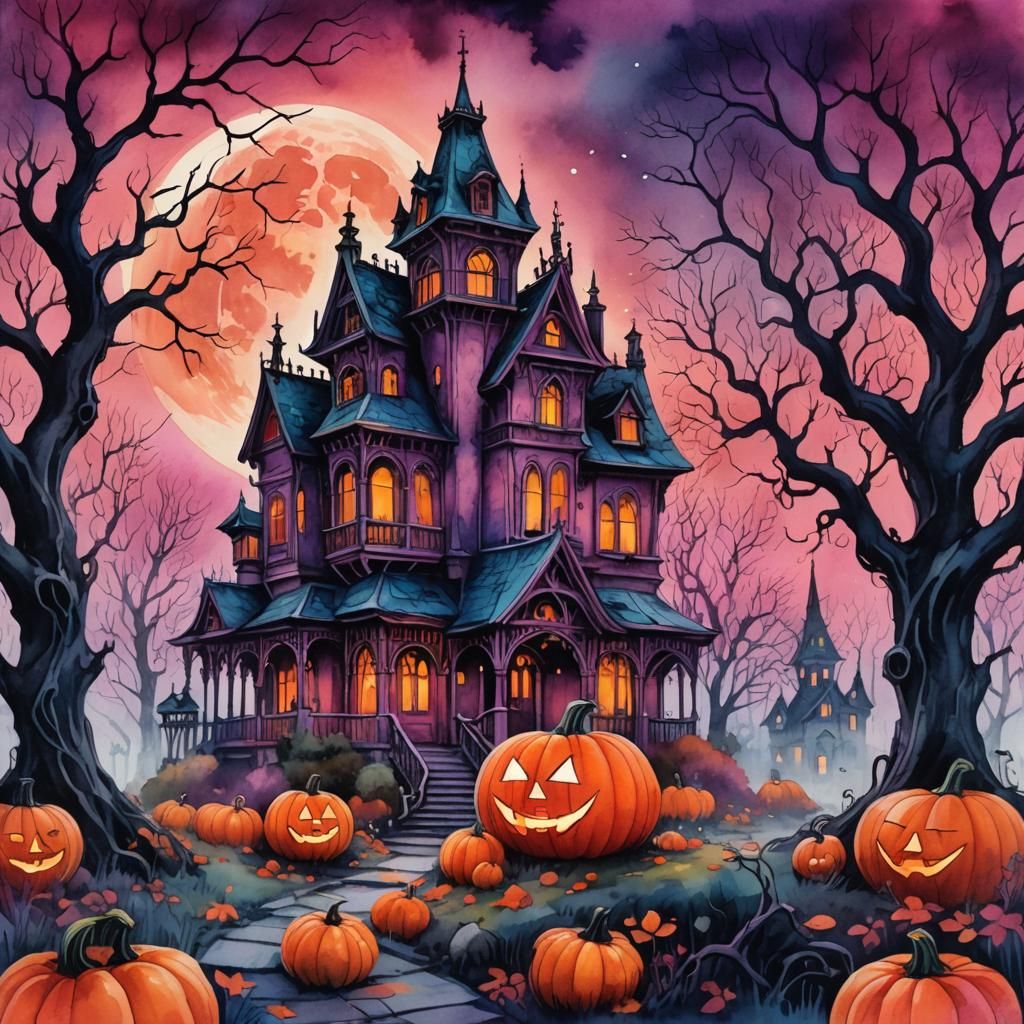 Victorian Gothic Haunted Pumpkin House at Sunset