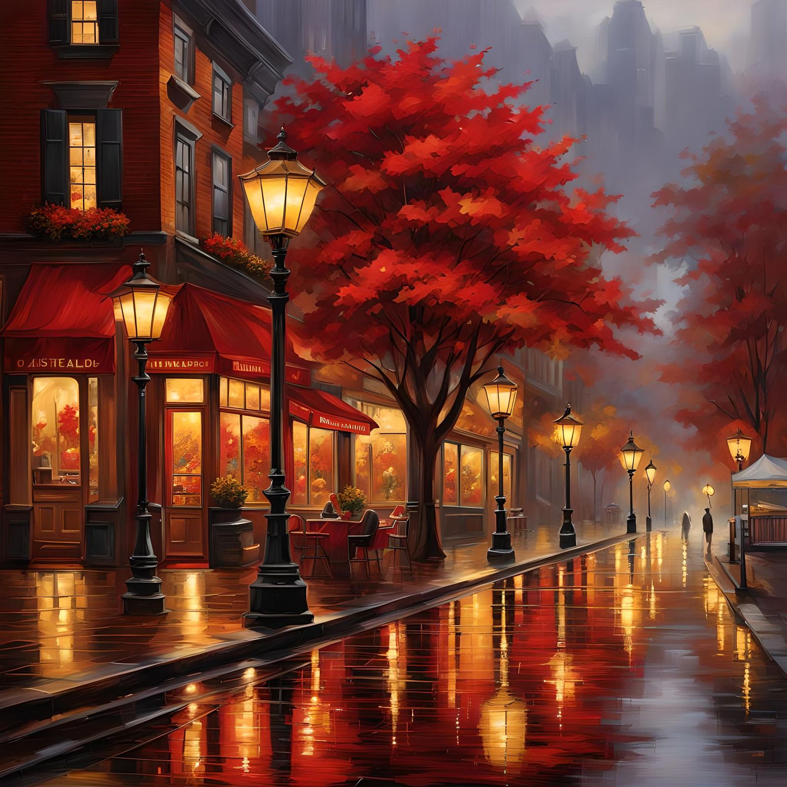 Autumn Town with Rain and Lamplight in Hyperrealism