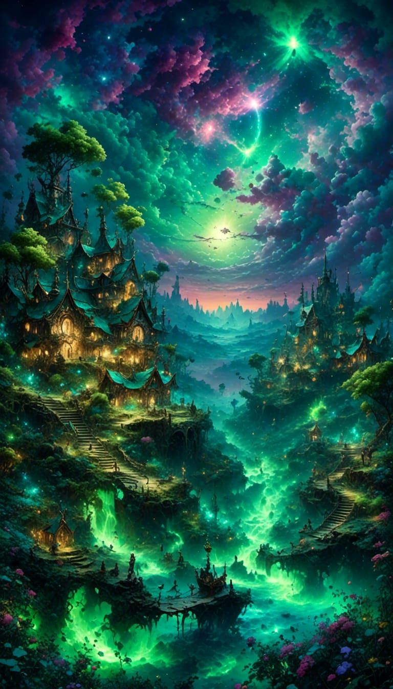 Lush Phosphorescent Paradise Under Vibrant Night Sky