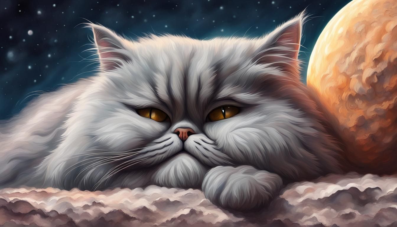 Fluffy Persian Cat Sleeping on the Moon