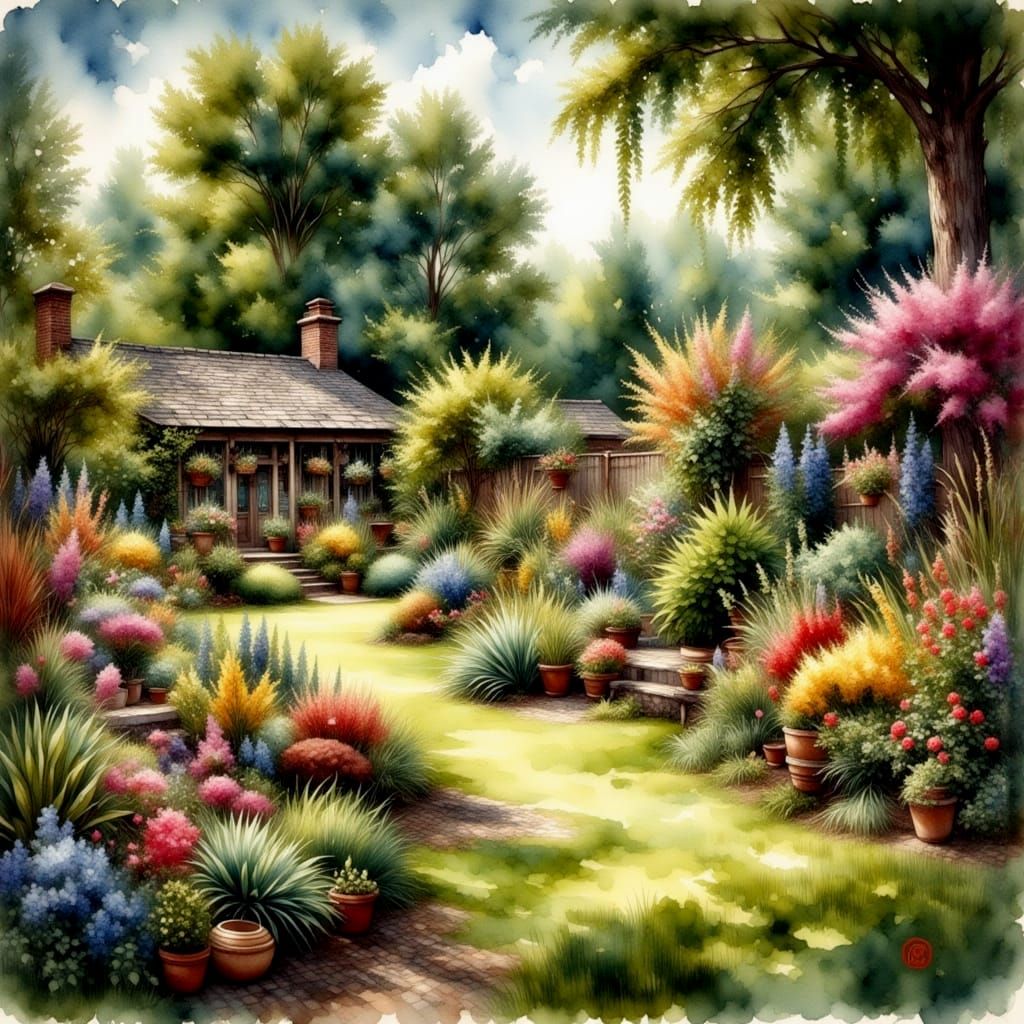 Grandparents' Garden in Antique Watercolor Style