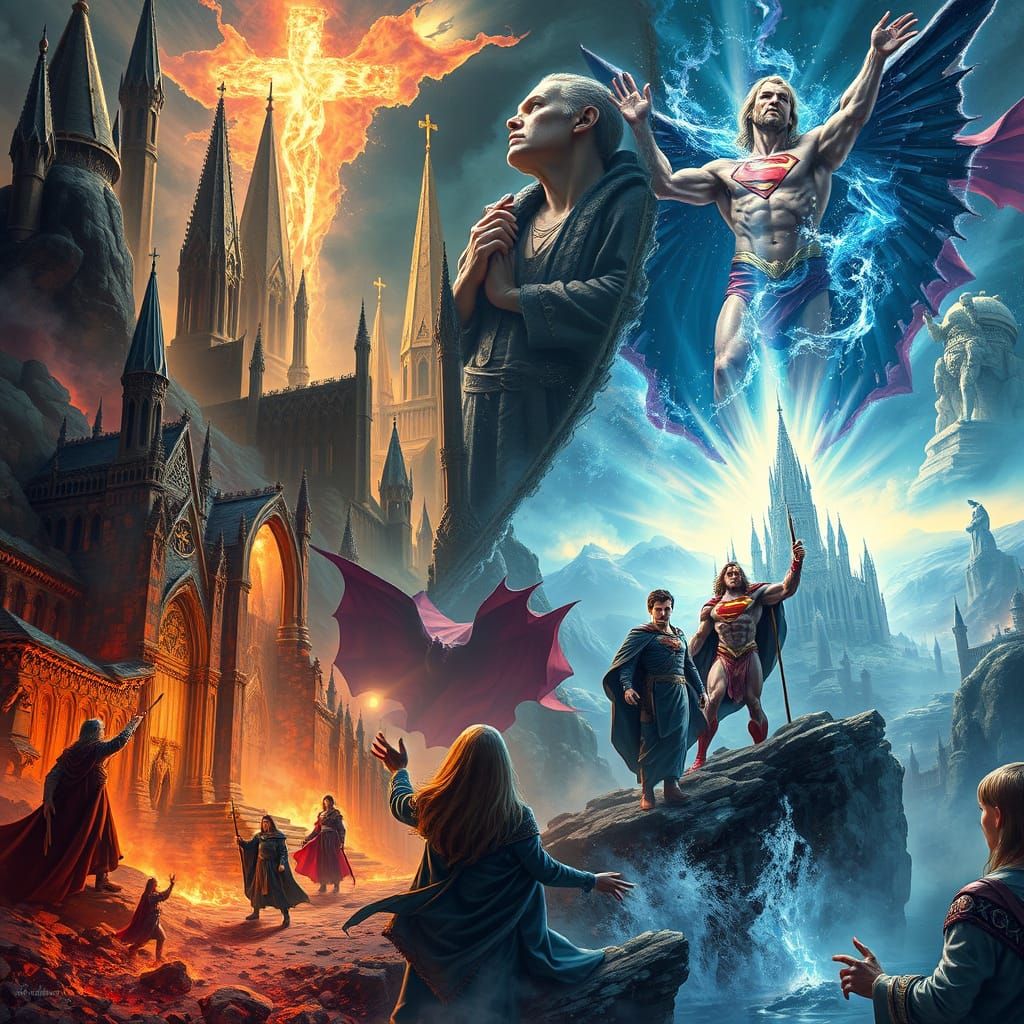 Epic Fantasy Crossover in Comic Book Style