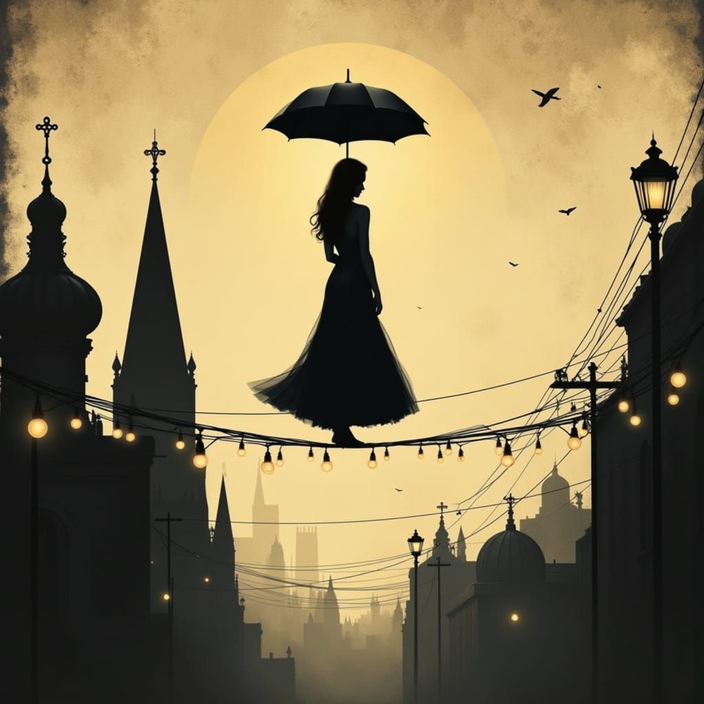 Woman Defies Gravity on Tightrope of Lights