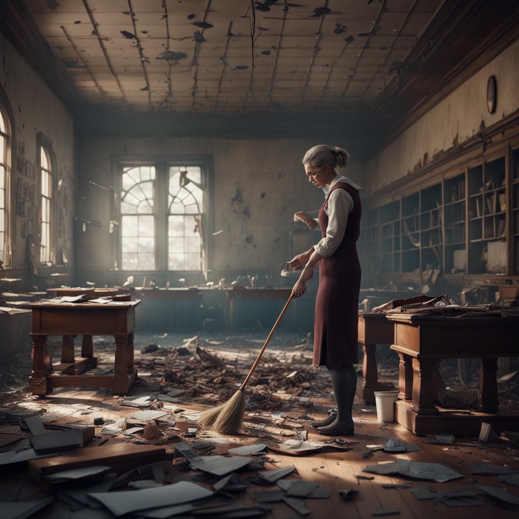Tired Teacher Cleaning a Grim Classroom