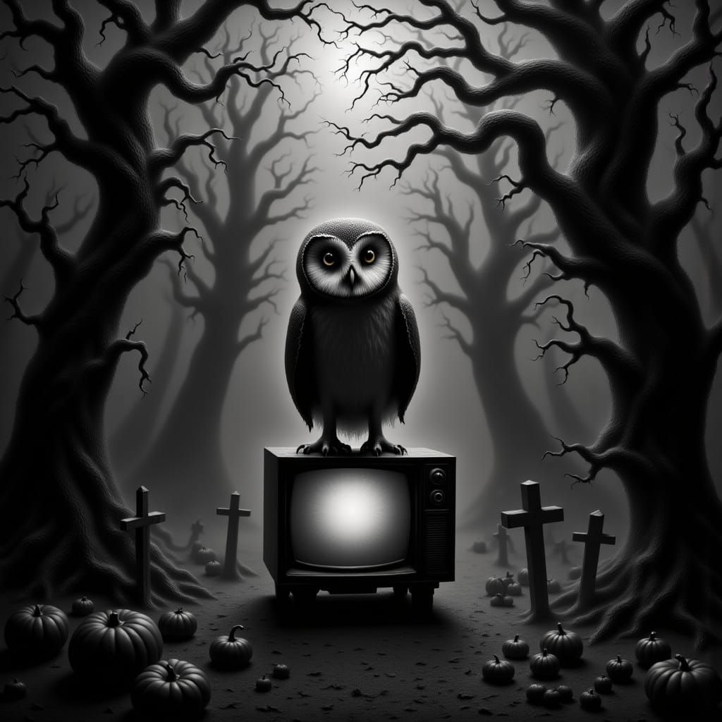 Monochrome Owl Emerges from Vintage TV