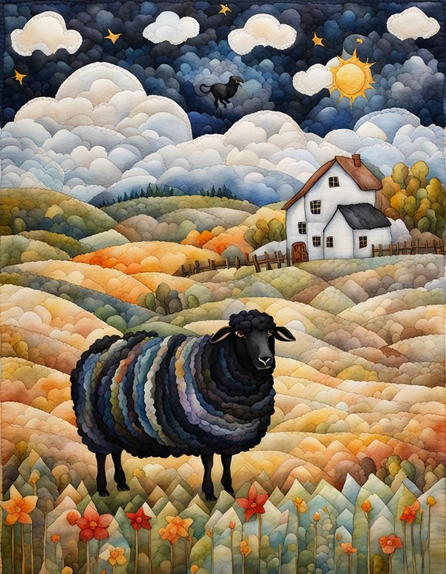 Baa Baa Black Sheep Quilt in Watercolour Style