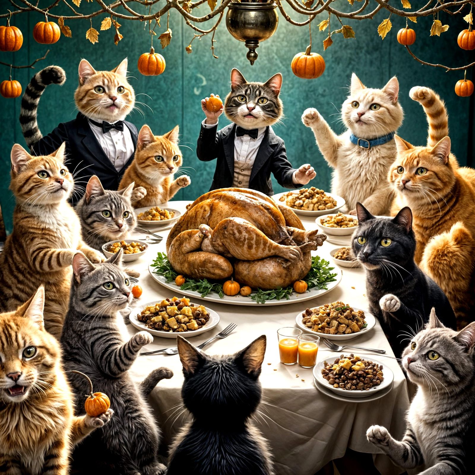 Feline Feast: Cats Hording Thanksgiving Food