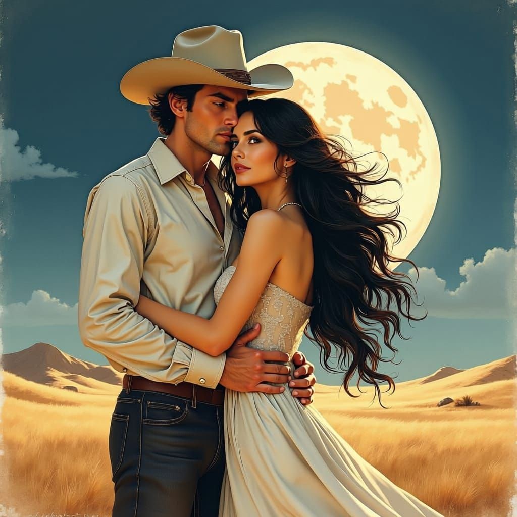 Art Deco Watercolor: Cowboy's Desert Embrace