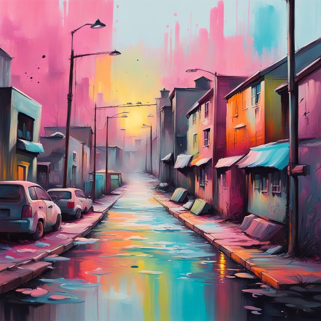 Painter Creating Pastel Landscape in Graffiti Art Style