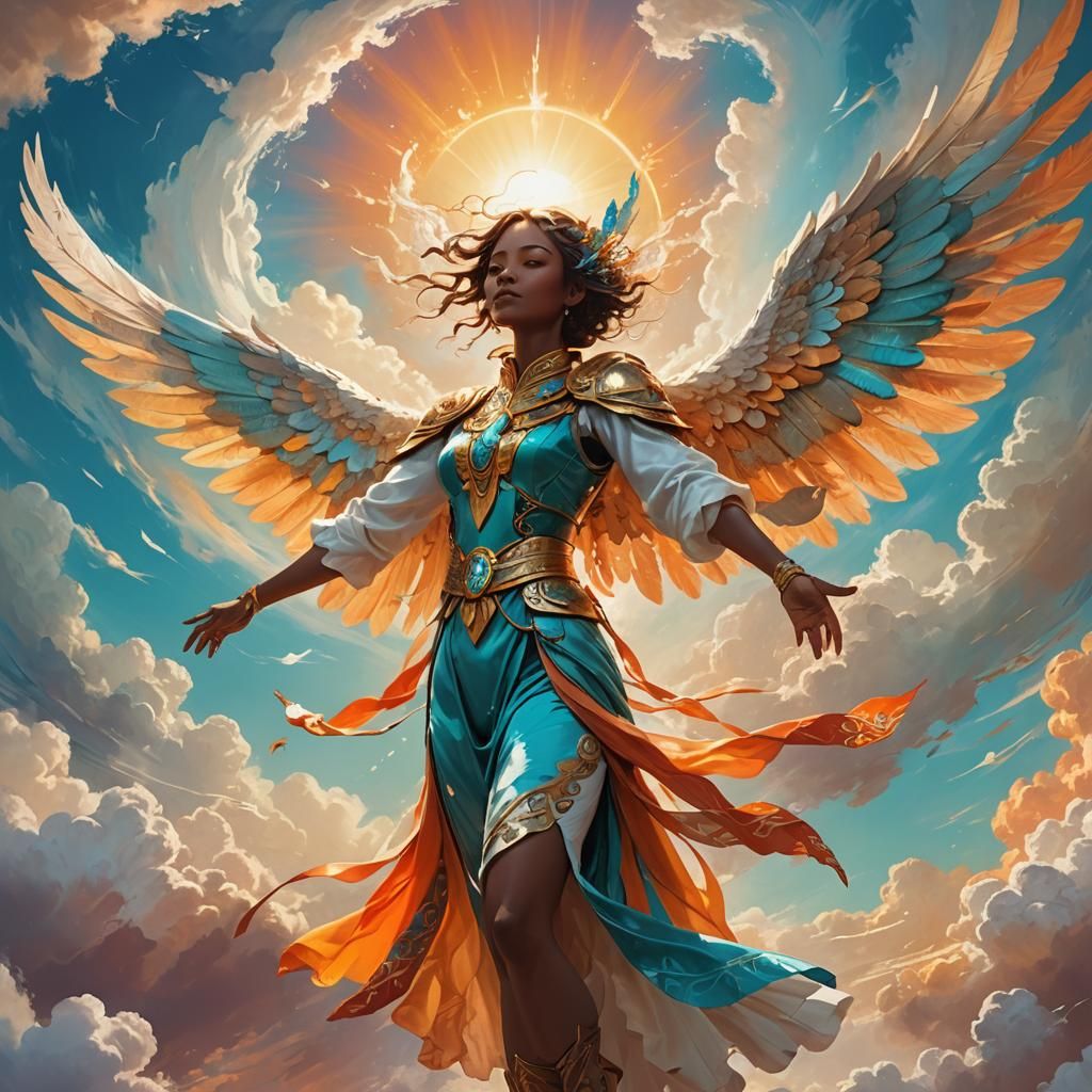 Majestic Winged Figure Soaring in Dreamy Sky