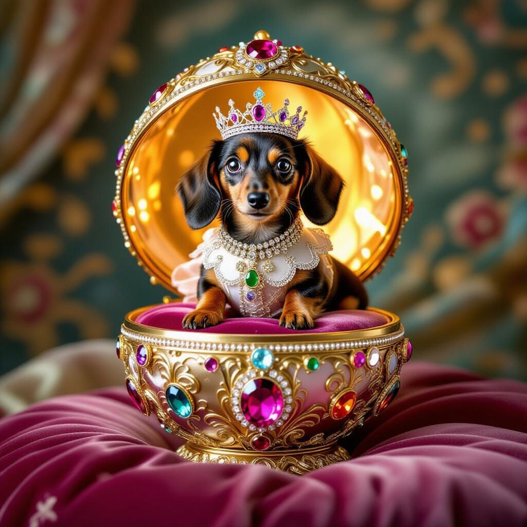 Dachshund in Fabergé Egg with Crown, Art Nouveau Style