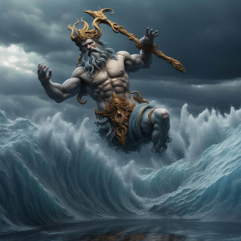 Poseidon Water Elemental in Stormy Seas: 8K Render