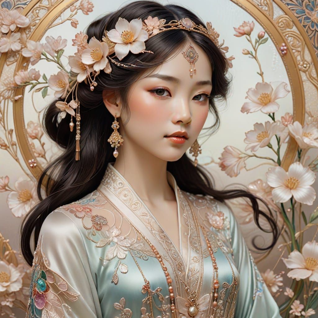Art Nouveau Asian Maiden in Silk Robes Portrait