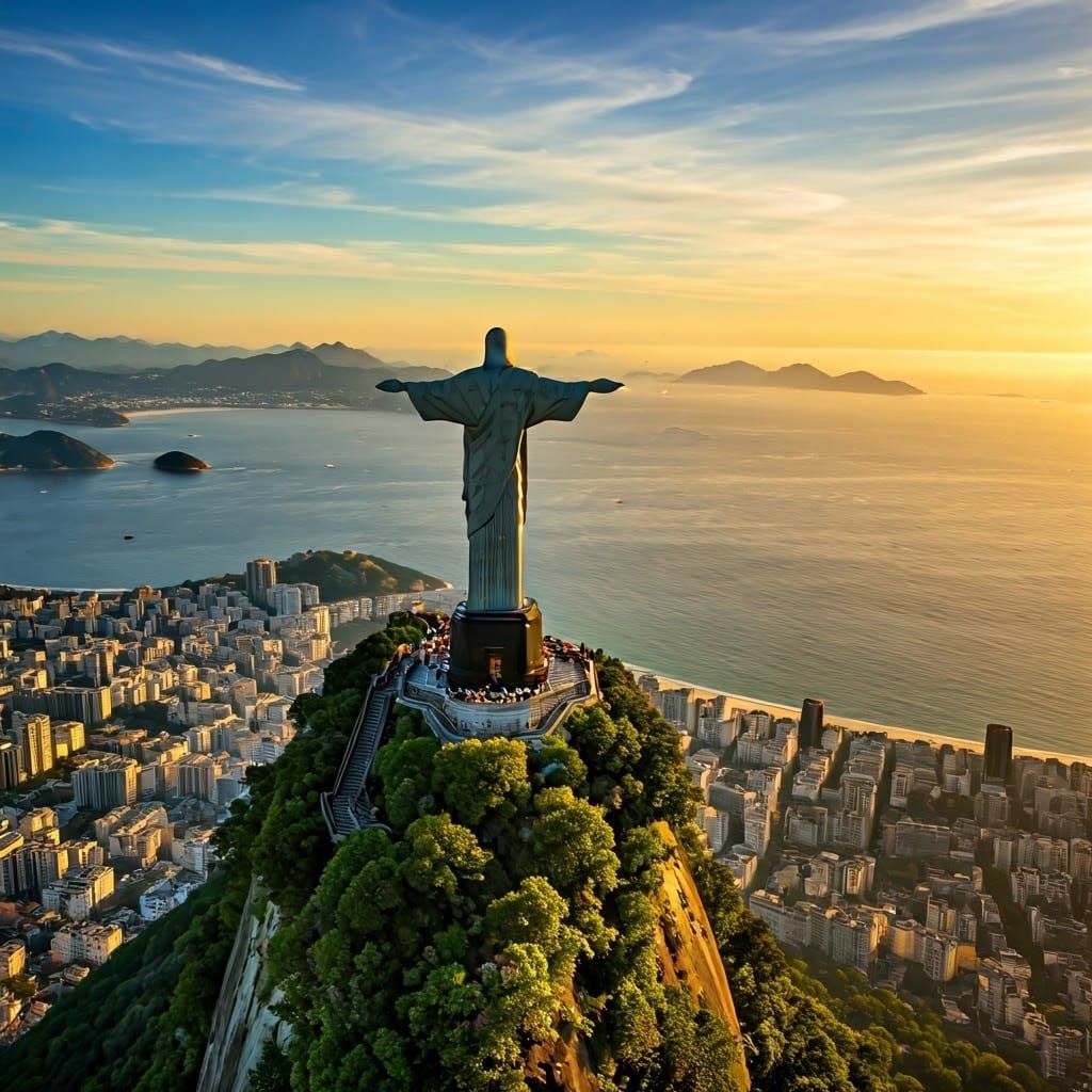 Christ the Redeemer Statue Aerial View in Vibrant Sunrise Se...