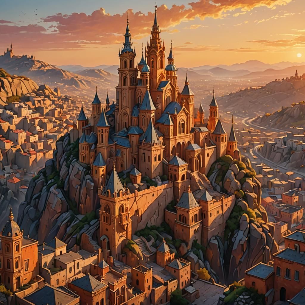 Golden City at Sunset in Oil Painting Style