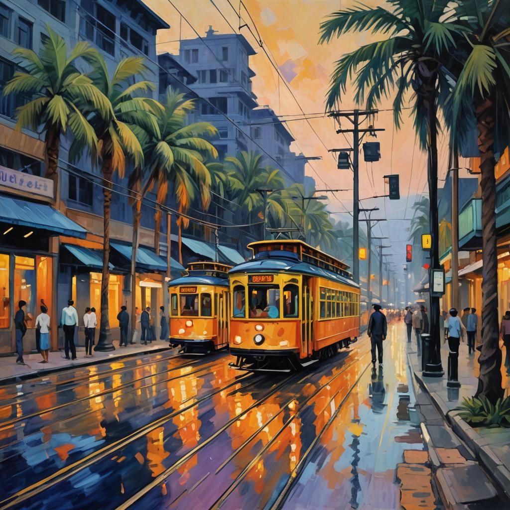 Kumquat Trolleys Under Indigo Sky: Neo-Impressionist Paintin...