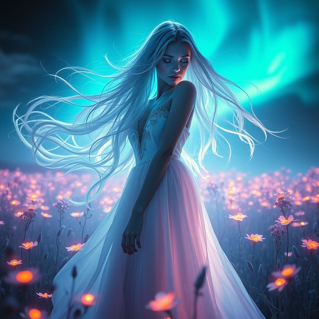 Bioluminescent Woman in Glowing Wildflower Field