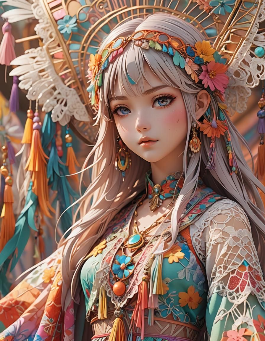 Woman's Detailed Hippie Outfit in Anime Style