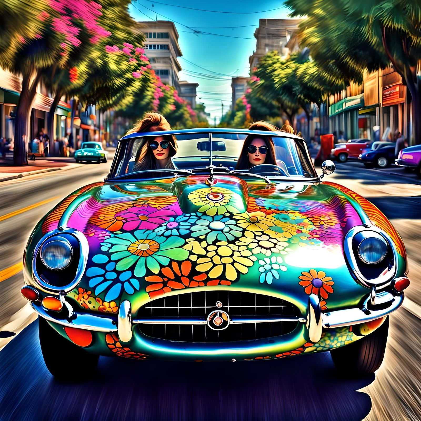 Shagadelic girls driving a Jaguar E Type