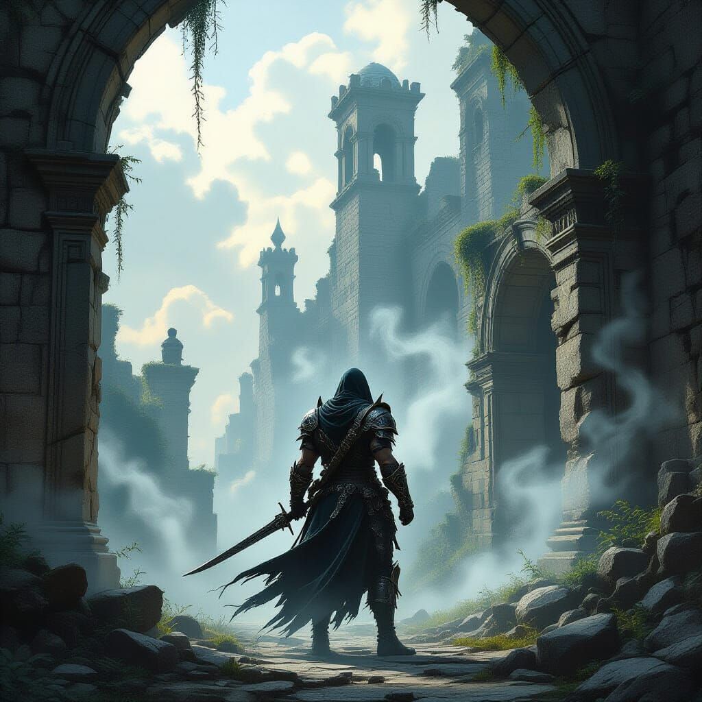 Demon Hunter in Ruined City, Dark Fantasy Art