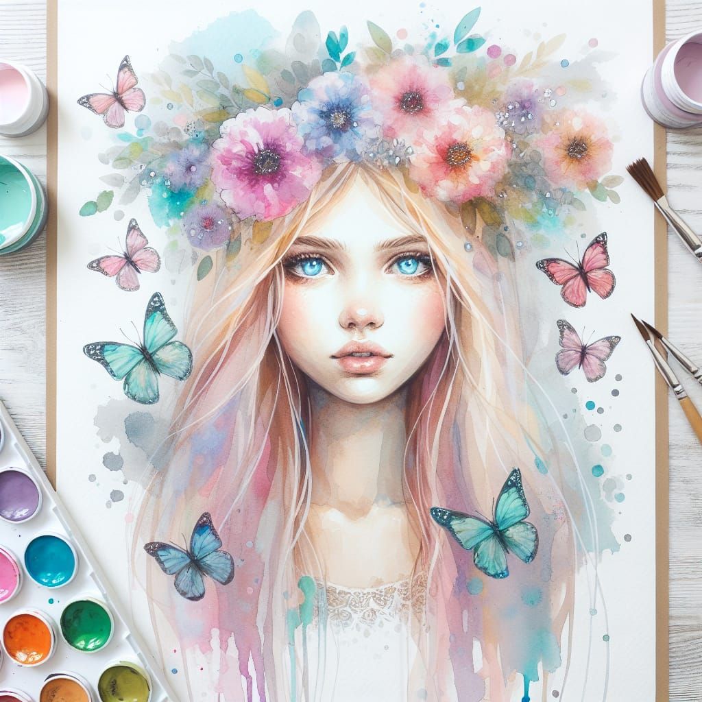 Girl with Butterflies: Watercolor Portrait in Pastel