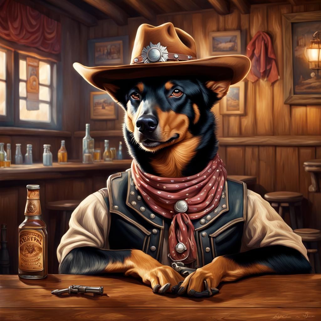 Hyperrealistic Kelpie Cowboy at Saloon Bar