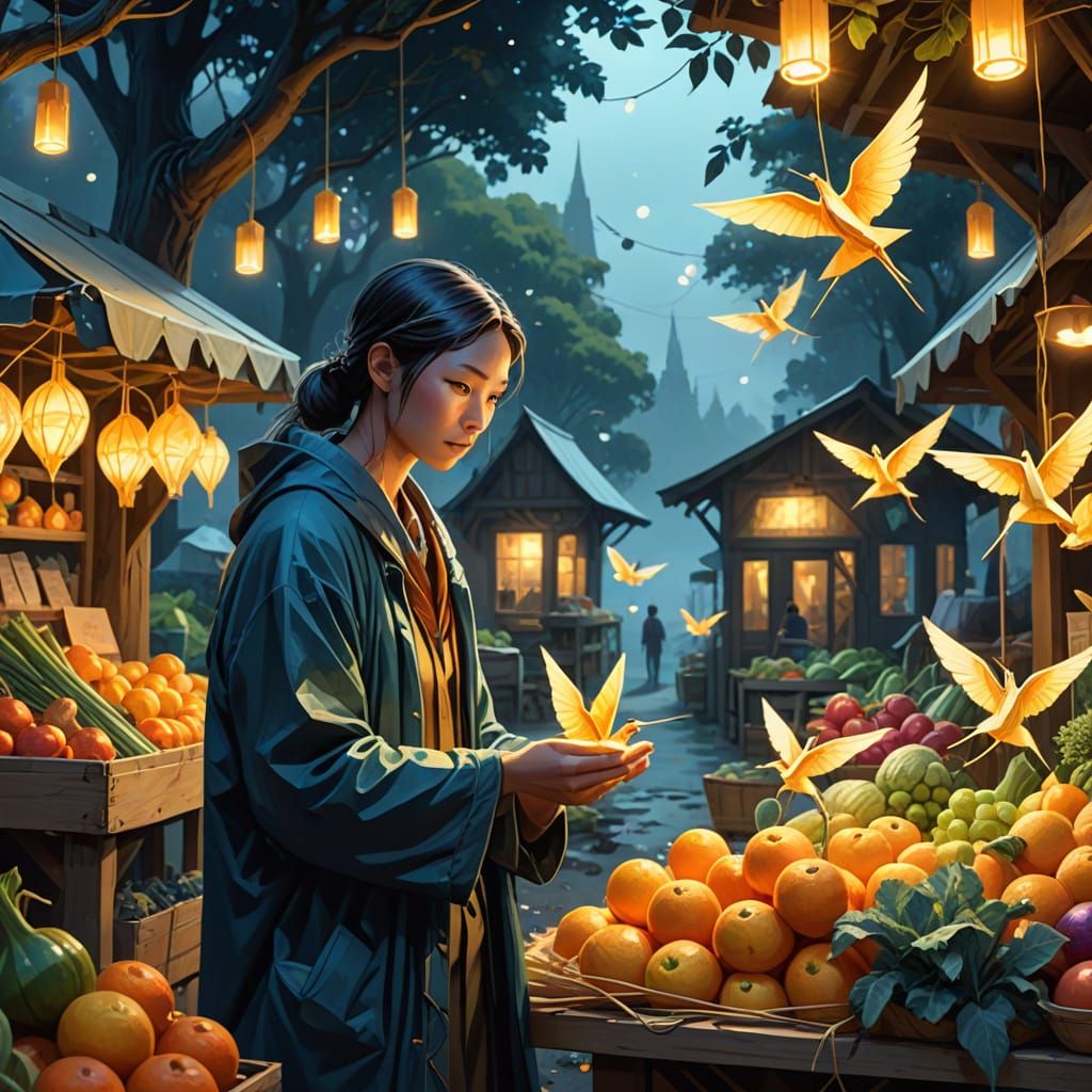 Glowing Farmstand with Mysterious Figure: Fantasy Art