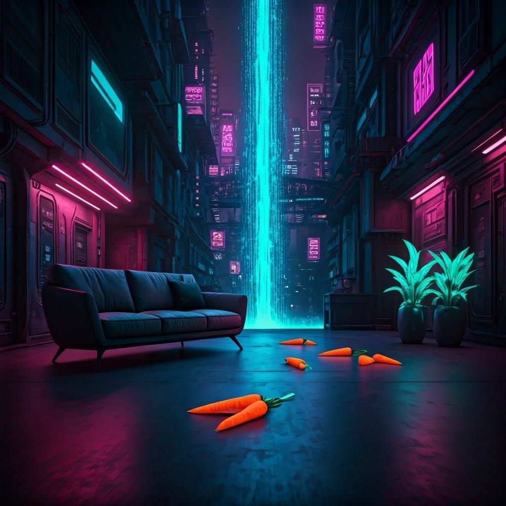 Cyberpunk Cityscape with Binary Waterfall and Carrots