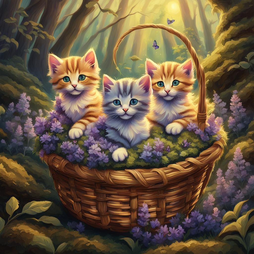 Kittens in Basket: Whimsical Fantasy Art