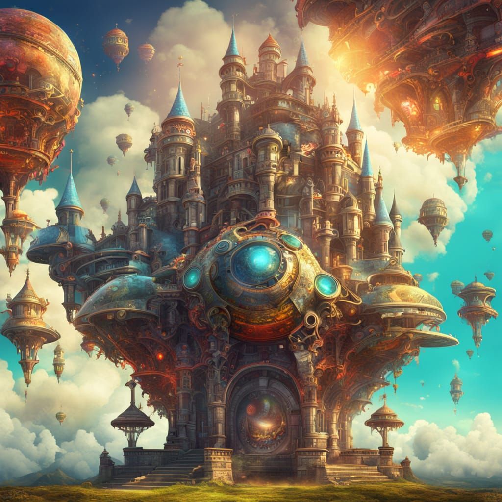 Steampunk Spaceship over Castle Ruins in Rococo Style