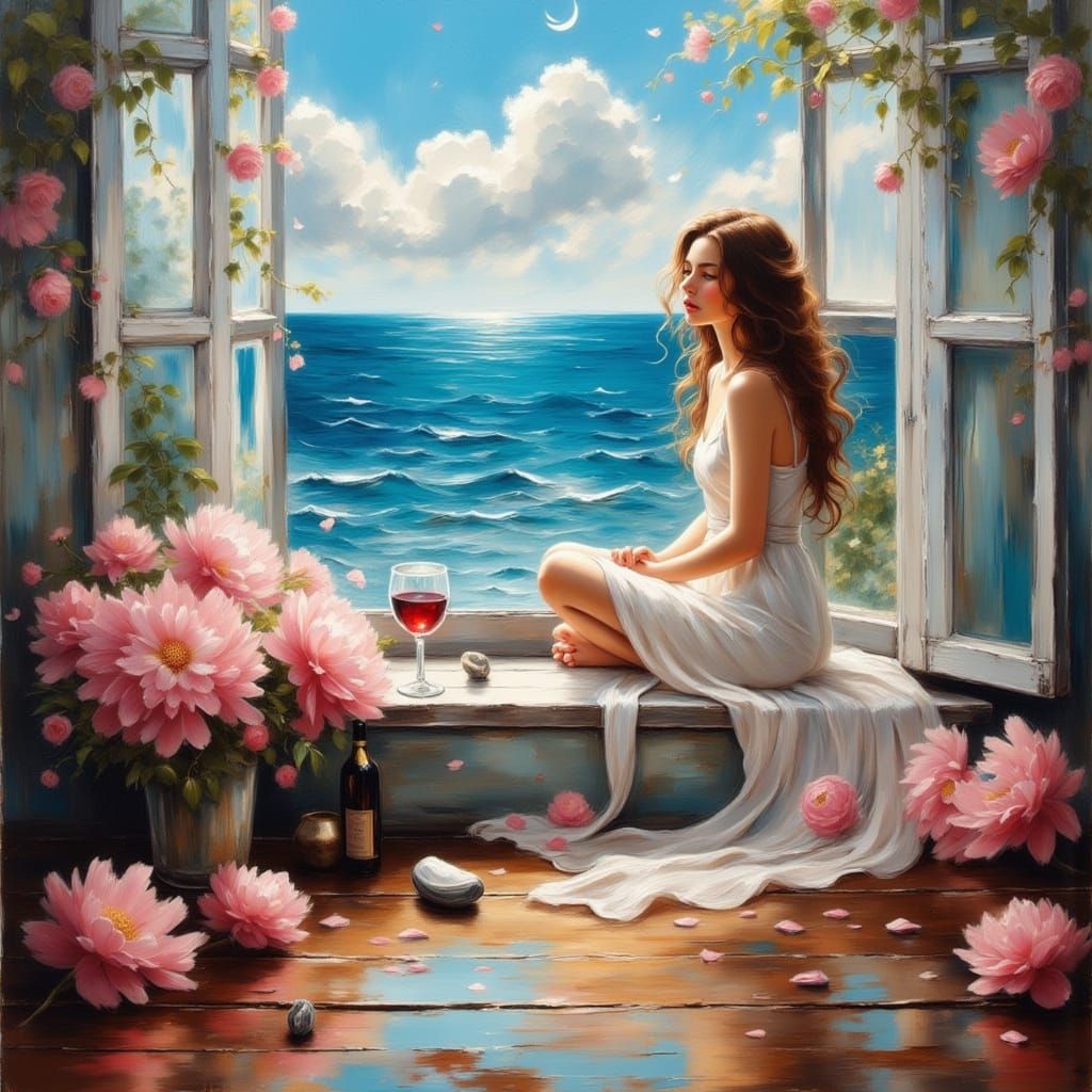 Dreamy Impressionist Oil Painting of Woman Gazing at Ocean