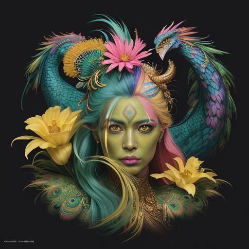 Colorful Woman with Dragon Peacock: Concept Art Portrait
