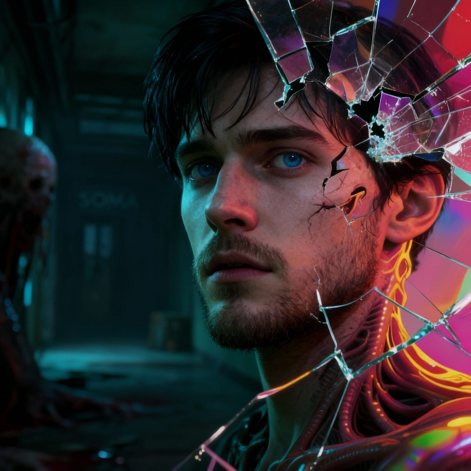 Melting Glitching Face in Sterile Hallway