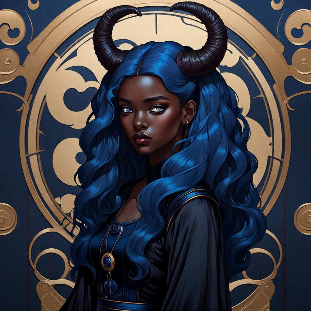 Fierce Tiefling Woman with Sapphire Hair