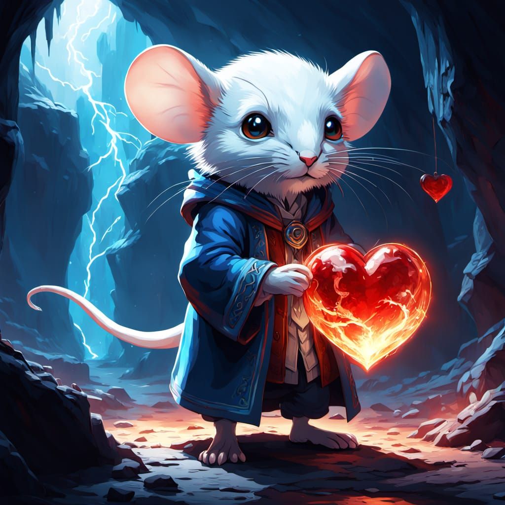 Fantasy Merchant Mouse Holding Glowing Heart Orb in Cavern