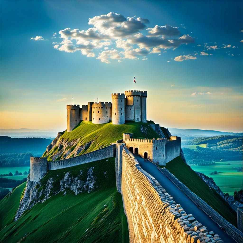 Aerial View of Detailed Norman Fortress in Mountains