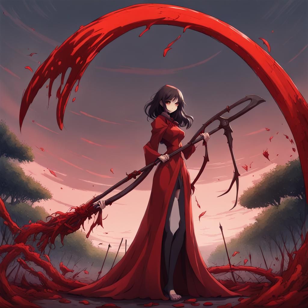Anime Grim Reaper in Red Dress with Scythe