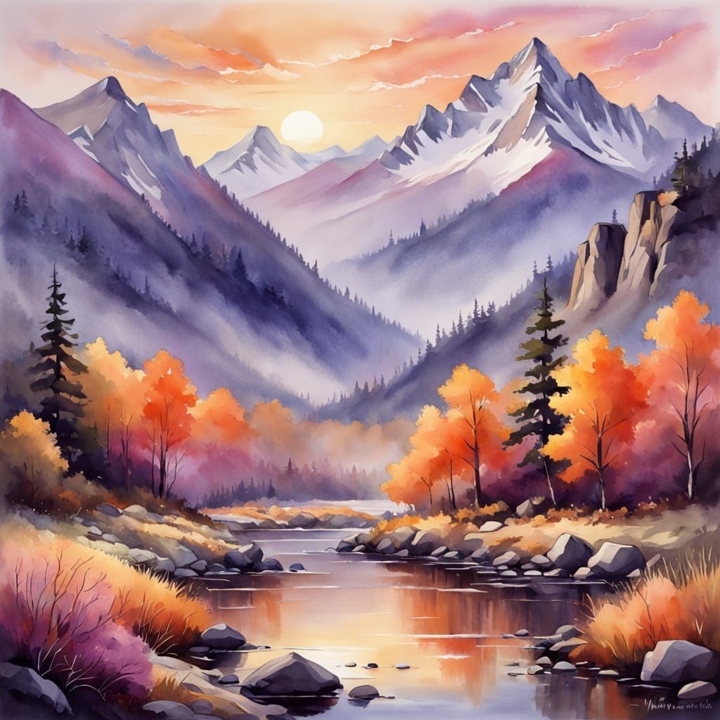 Serene Watercolor Mountain Sunset in Vibrant Hues