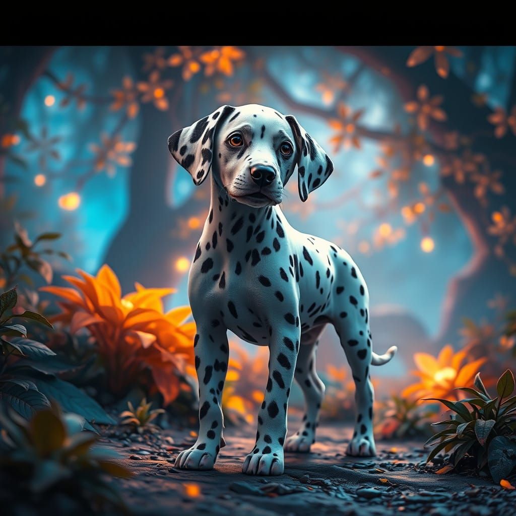 Dreamlike Dalmatian in Vibrant, Glowing Landscape